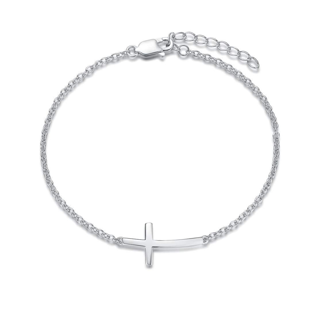 FANCIME White Gold Plated 925 Sterling Silver Cable Link Chain Horizontal Friendship Charm Adjustable Teens Sideways Cross Crucifix Bracelet Gift For Women, 15 + 3cm