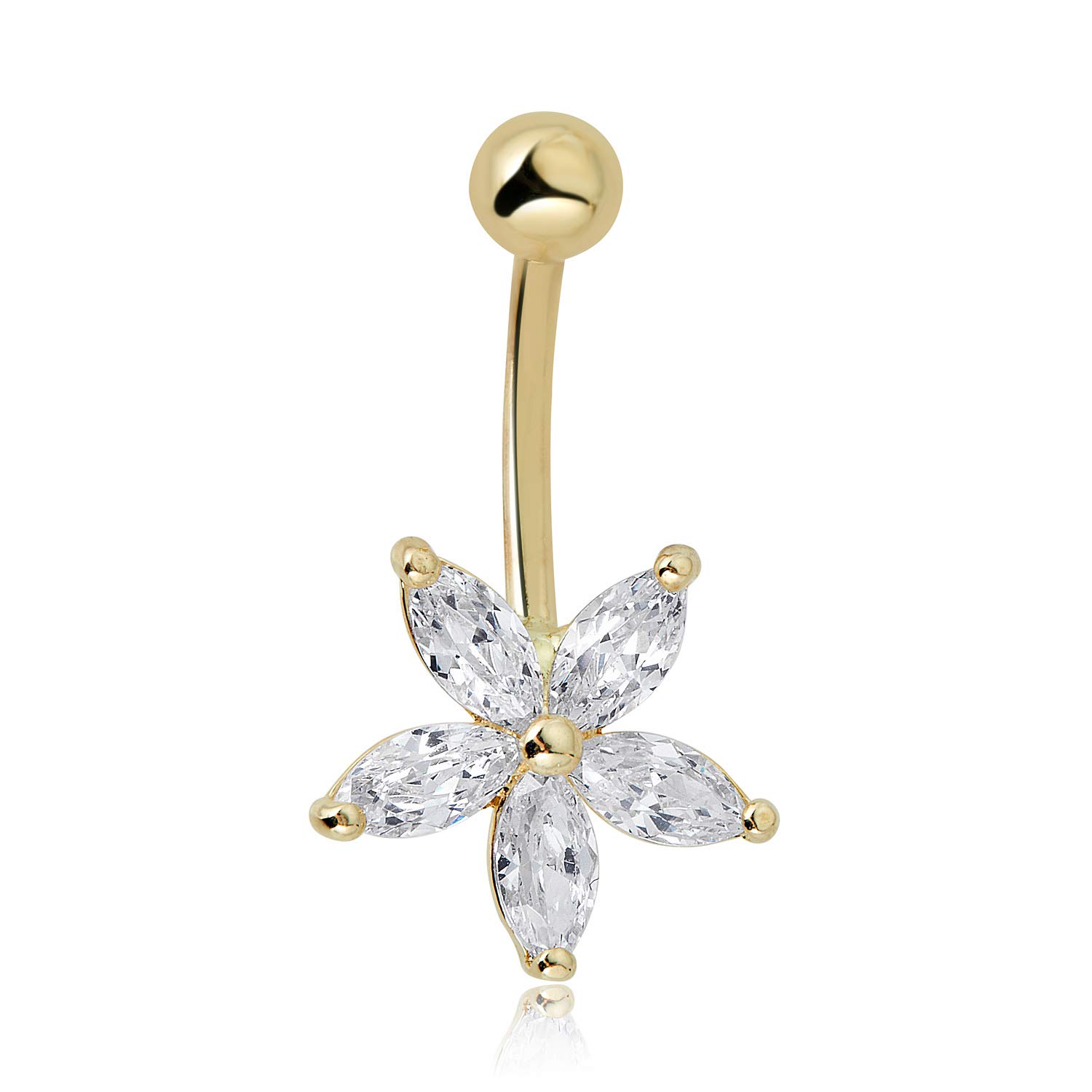 AVORA 10K Yellow Gold Marquise-shape Simulated Diamond CZ Flower Belly Button Ring Body Jewelry (14 Gauge)