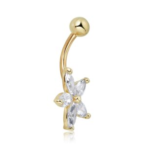 AVORA 10K Yellow Gold Marquise-shape Simulated Diamond CZ Flower Belly Button Ring Body Jewelry (14 Gauge)