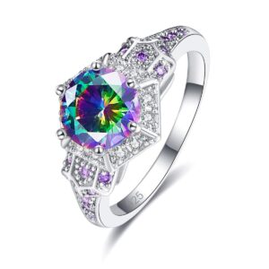 Narica Silver Plated Round Cut Created Rainbow Topaz Created Amethyst CZ Cubic Zirconia Filled Halo Hexagon Shaped Cocktail Wedding Engagement Promise Band Elegant Women's Eternity Ring for Mom Bridal Lover 9#