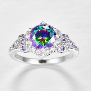 Narica Silver Plated Round Cut Created Rainbow Topaz Created Amethyst CZ Cubic Zirconia Filled Halo Hexagon Shaped Cocktail Wedding Engagement Promise Band Elegant Women's Eternity Ring for Mom Bridal Lover 9#