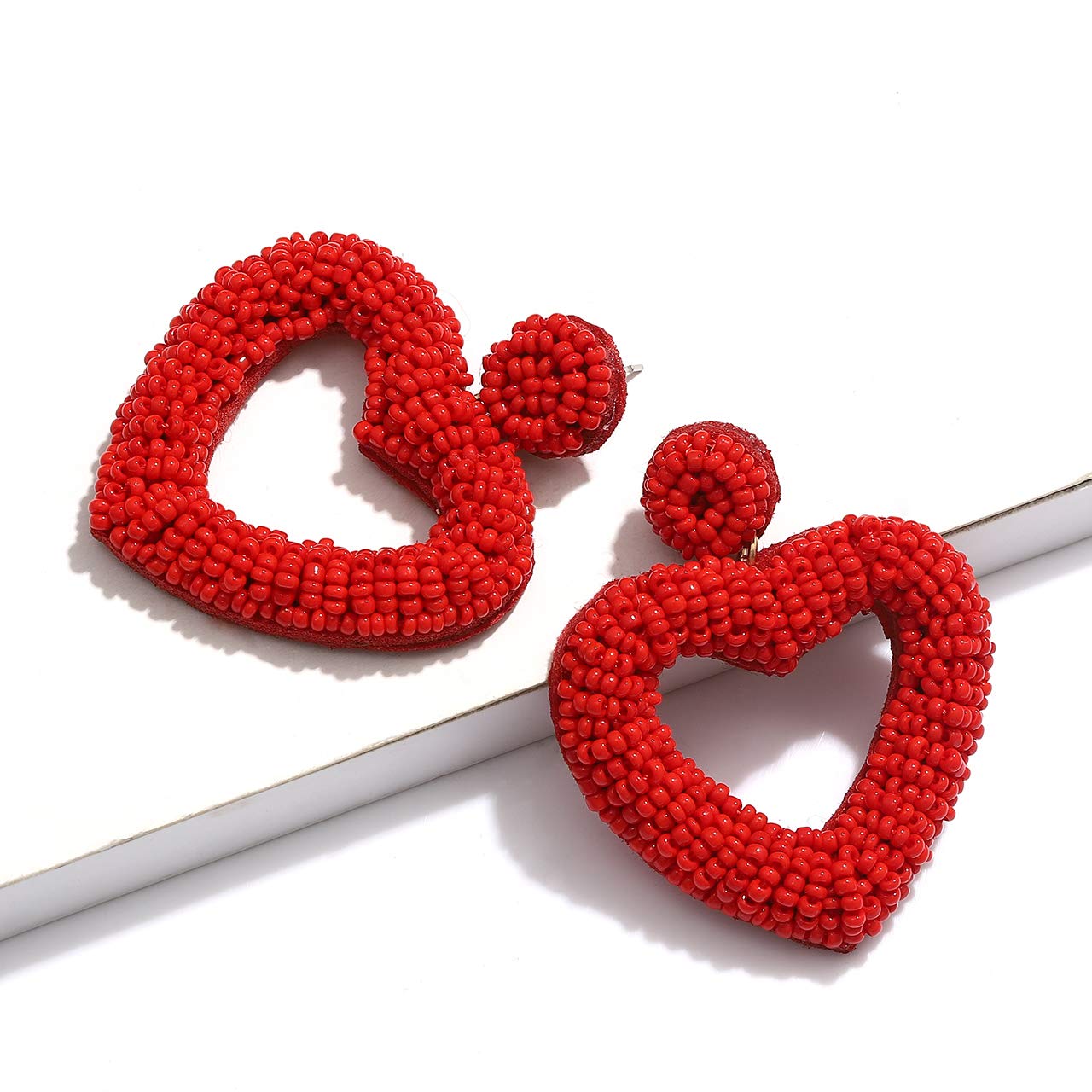 CEALXHENY Beaded Drop Earrings Handmade Seed Bead Heart Hoop Dangle Earrings Bohemia Statement Earring Studs for Women (Red)