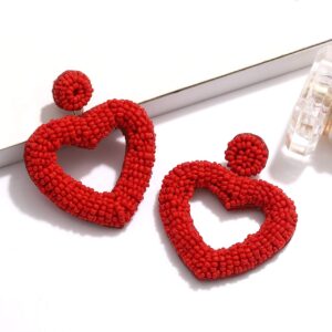 CEALXHENY Beaded Drop Earrings Handmade Seed Bead Heart Hoop Dangle Earrings Bohemia Statement Earring Studs for Women (Red)