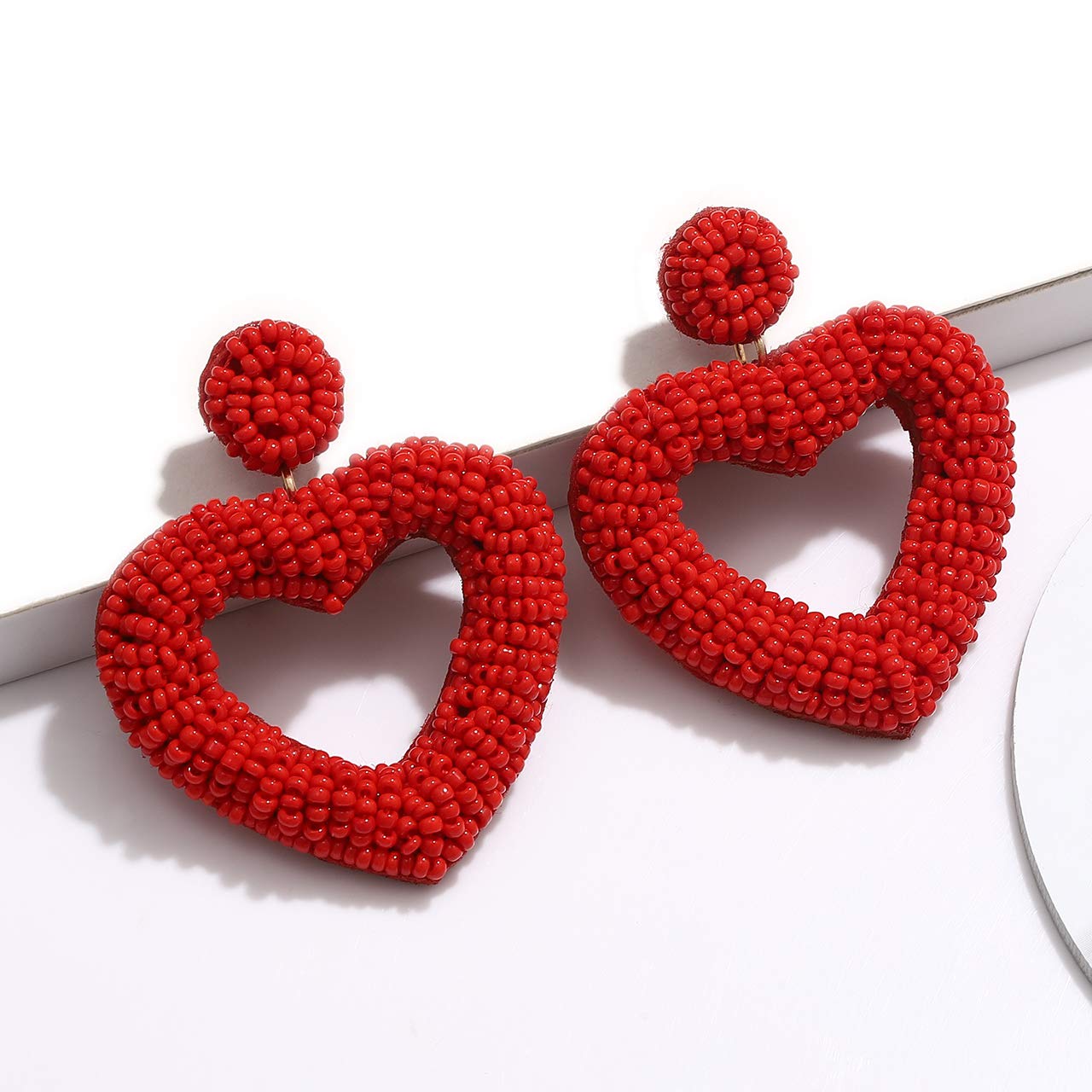 CEALXHENY Beaded Drop Earrings Handmade Seed Bead Heart Hoop Dangle Earrings Bohemia Statement Earring Studs for Women (Red)