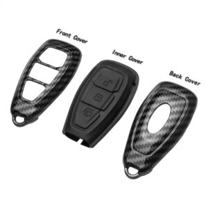 TANGSEN Key Fob Case Compatible with Ford C-MAX Escape Fiesta Focus RS Fusion 3 Button Keyless Entry Remote Carbon Fiber Pattern ABS Black Silicone Cover