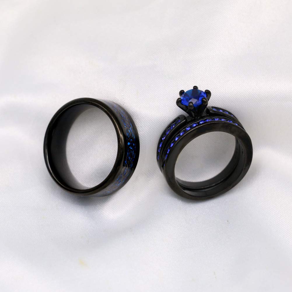 ringheart Couple Rings Black Plated Round cut Blue Cz Womens Wedding Ring Sets Stainless Steel Men Wedding Band