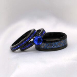 ringheart Couple Rings Black Plated Round cut Blue Cz Womens Wedding Ring Sets Stainless Steel Men Wedding Band