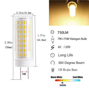 G8 Led Bulb, All New 75W Halogen Bulb Replacement, Dimmable 7W T4 G8 Led Lamps, G8 Bi-pin Base Bulb, AC120V 720lm, Under Cabinet Counter Light, Kitchen Lighting and Puck Lights, 3000K Warm White 4pack