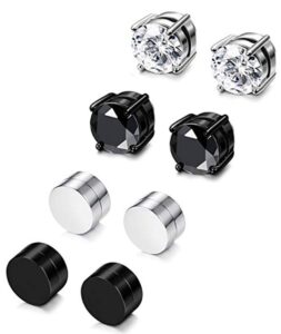 4 pairs stainless steel magnetic stud earrings for men women non piercing clip on cz earrings 6mm (4 pairs a set,6mmblack + silver)