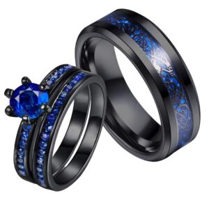 ringheart couple rings black plated round cut blue cz womens wedding ring sets stainless steel men wedding band