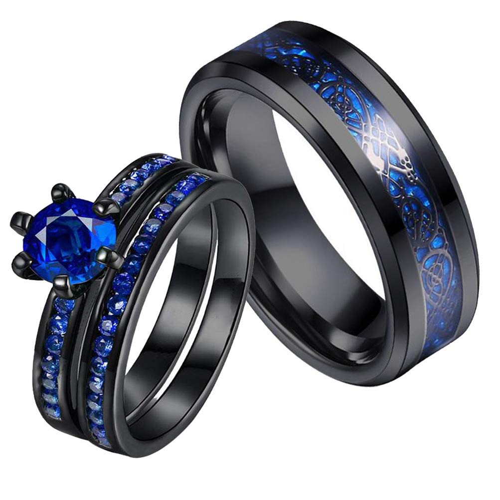 ringheart Couple Rings Black Plated Round cut Blue Cz Womens Wedding Ring Sets Stainless Steel Men Wedding Band