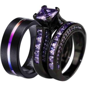 ringheart luxury couple rings black gold filled princess cut purple cz womens wedding ring sets man tungsten wedding band