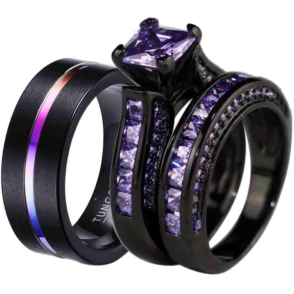 ringheart Luxury Couple Rings Black Gold Filled Princess Cut Purple Cz Womens Wedding Ring Sets Man Tungsten Wedding Band