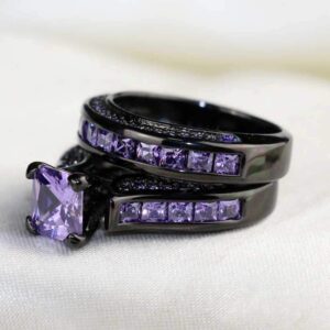 ringheart Luxury Couple Rings Black Gold Filled Princess Cut Purple Cz Womens Wedding Ring Sets Man Tungsten Wedding Band