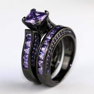 ringheart Luxury Couple Rings Black Gold Filled Princess Cut Purple Cz Womens Wedding Ring Sets Man Tungsten Wedding Band