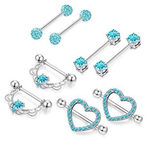 IrbingNii Nipple Rings Blue Heart Nipple Piercings Tongue Ring Body Piercing Jewelry for Women 14G Stainless Steel 4 Pairs/lot