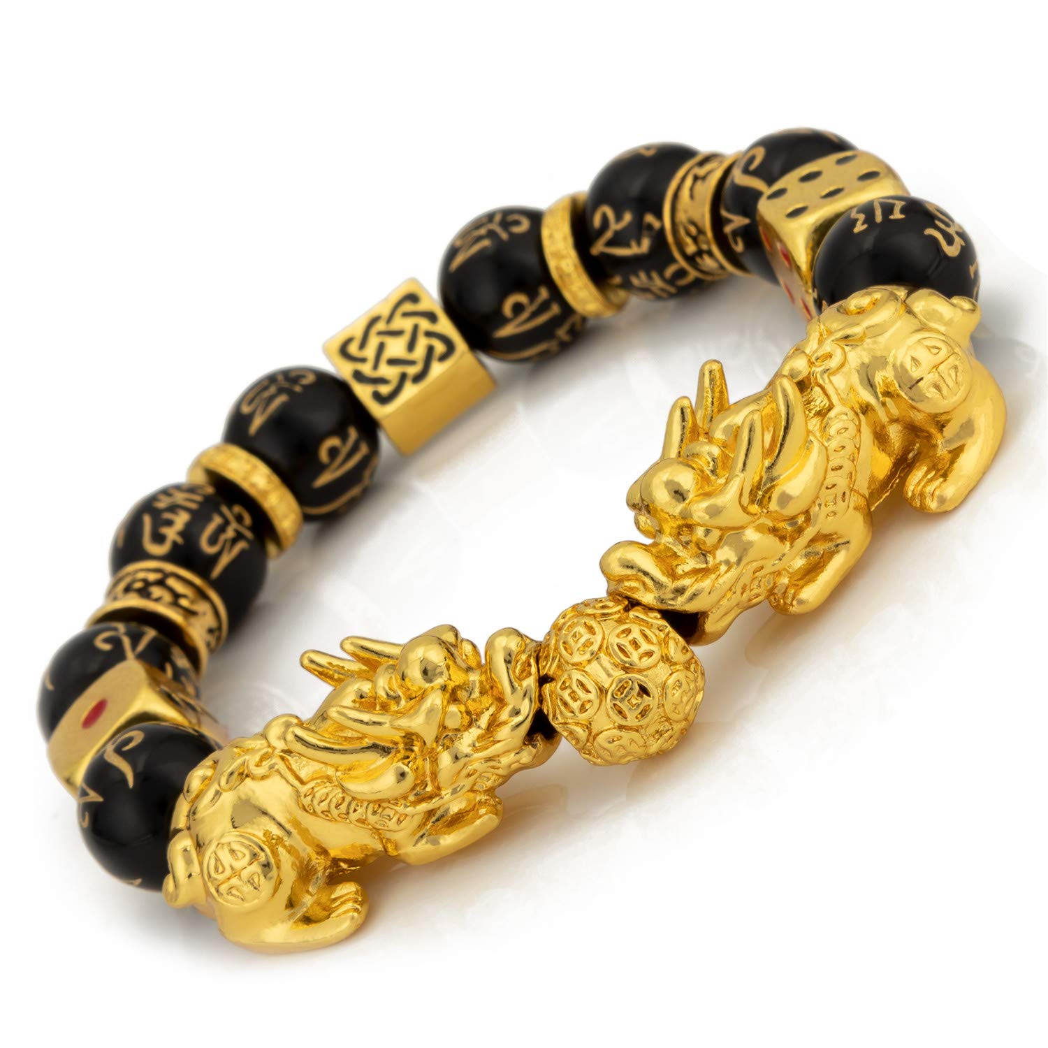 ZenBless Feng Shui Black Obsidian Bracelet Pixiu Bracelet for Women Men Prosperity Double Pi Xiu/Pi Yao Black Mantra Bead Bracelet with Golden Dice Attract Wealth and Good Luck