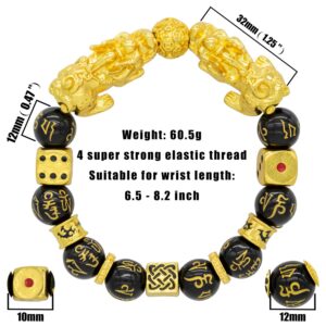 ZenBless Feng Shui Black Obsidian Bracelet Pixiu Bracelet for Women Men Prosperity Double Pi Xiu/Pi Yao Black Mantra Bead Bracelet with Golden Dice Attract Wealth and Good Luck