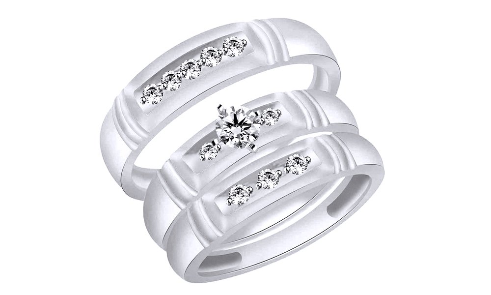 AFFY White Natural Diamond Engagement & Wedding Trio Band Ring Set in 10k Solid White Gold (0.09 Carat)