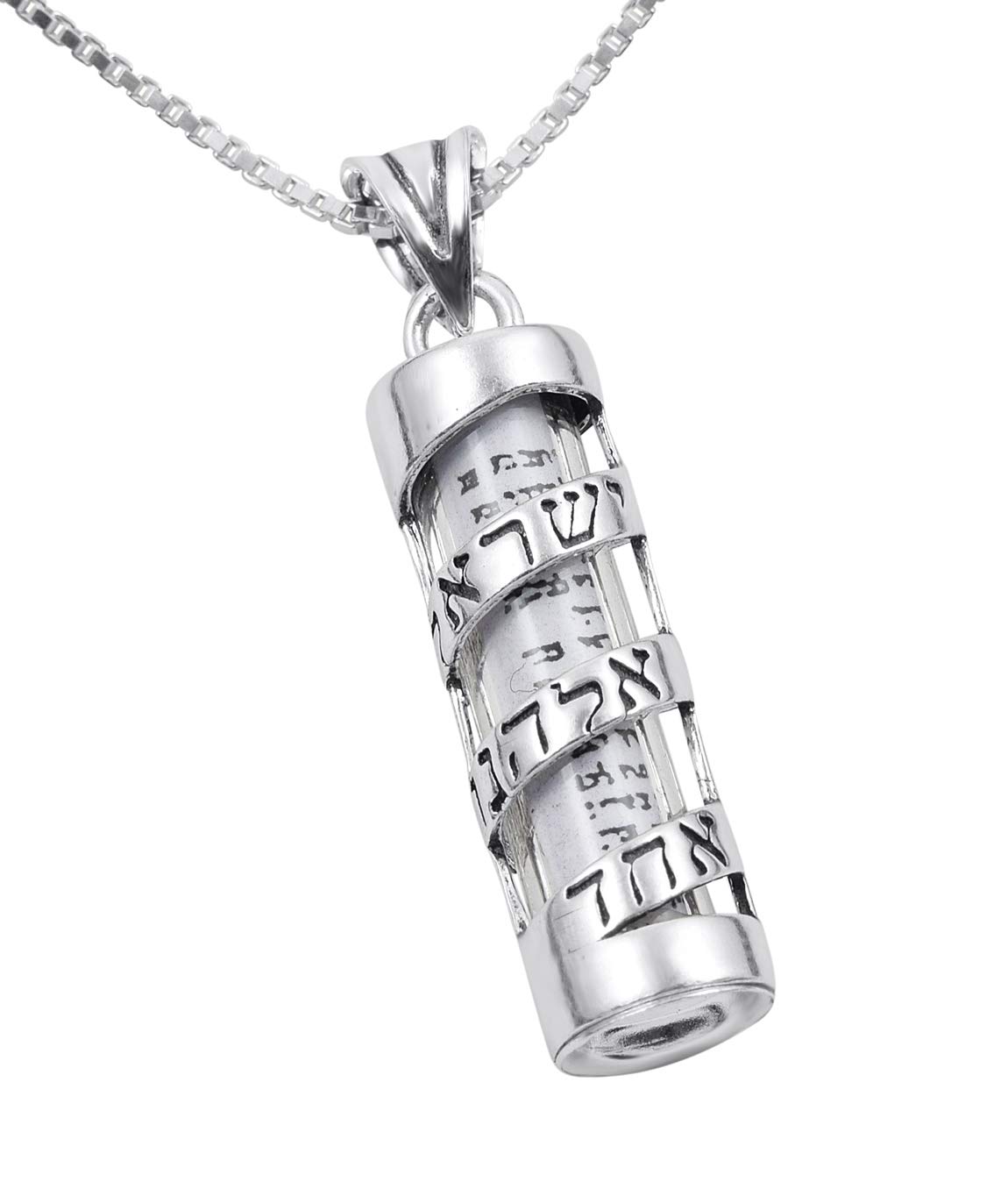 AJDesign Mezuzah Necklace Pendant Spiral Shema Yisrael and Scroll in 925 Sterling Silver (24 Inches Chain)