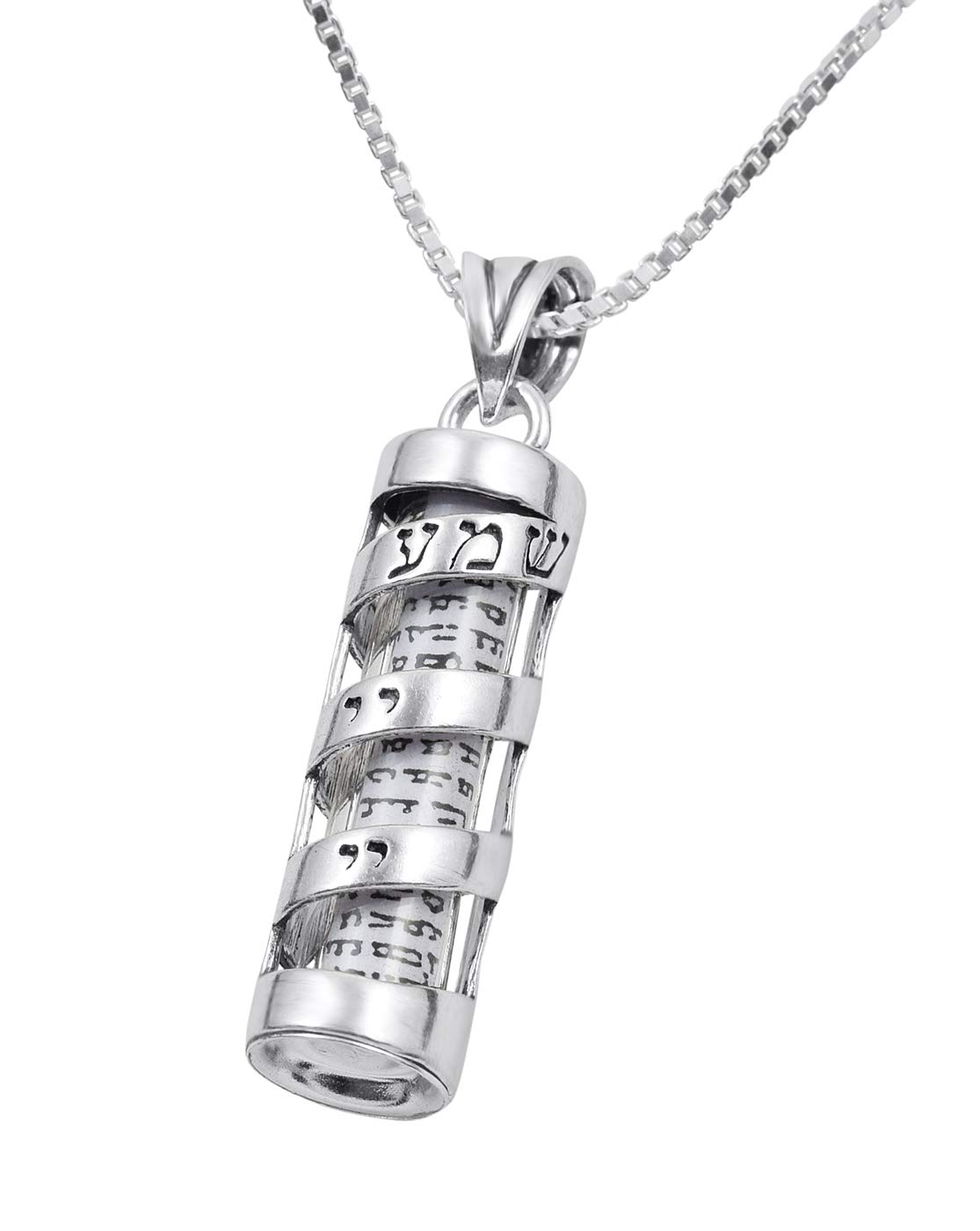 AJDesign Mezuzah Necklace Pendant Spiral Shema Yisrael and Scroll in 925 Sterling Silver (24 Inches Chain)