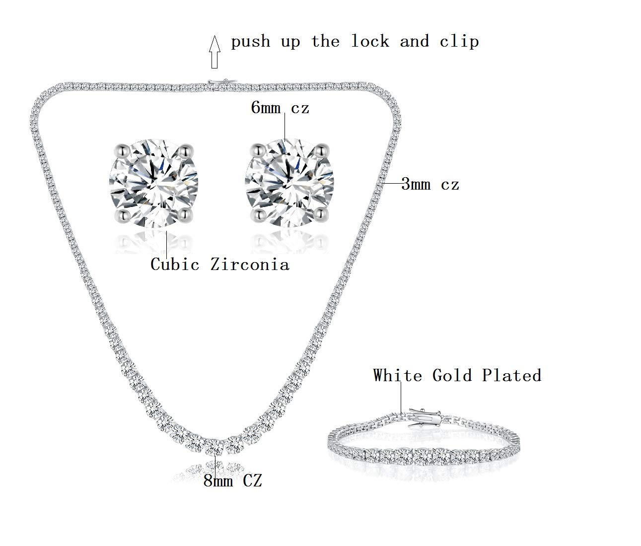 Gemsme 18K White Gold Plated Graduated Round Cubic Zirconia Tennis Necklace/Bracelet/Earrings Sets Pack of 3