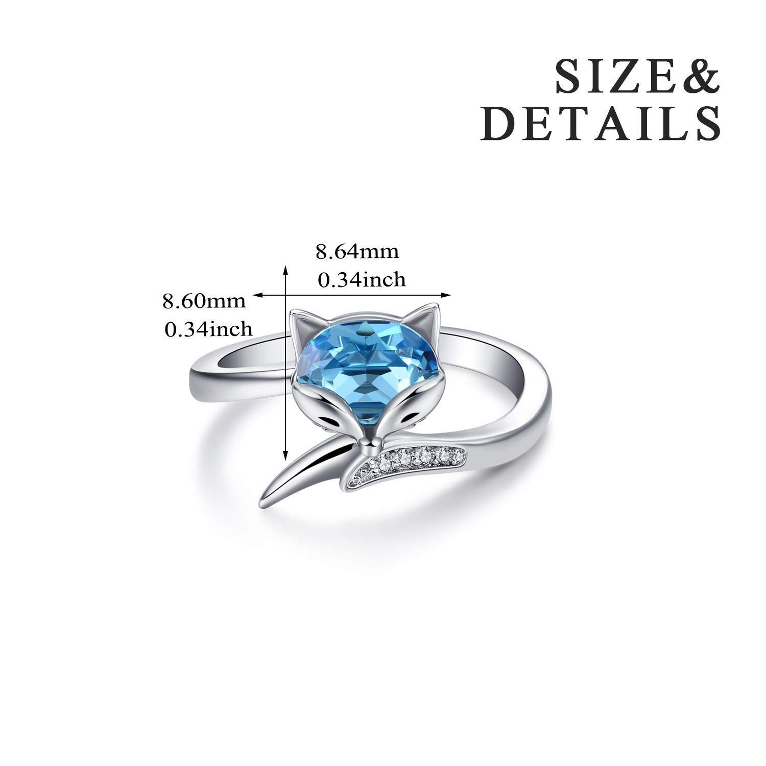 AOBOCO Sterling Silver Fox Ring for Women, Simulated Aquamarine Birthstone Crystal from Austria, Animal Fox Tail Adjustable Open Ring, Anniversary Birthday Fox Jewelry Gifts for Foxes Lovers(Blue)