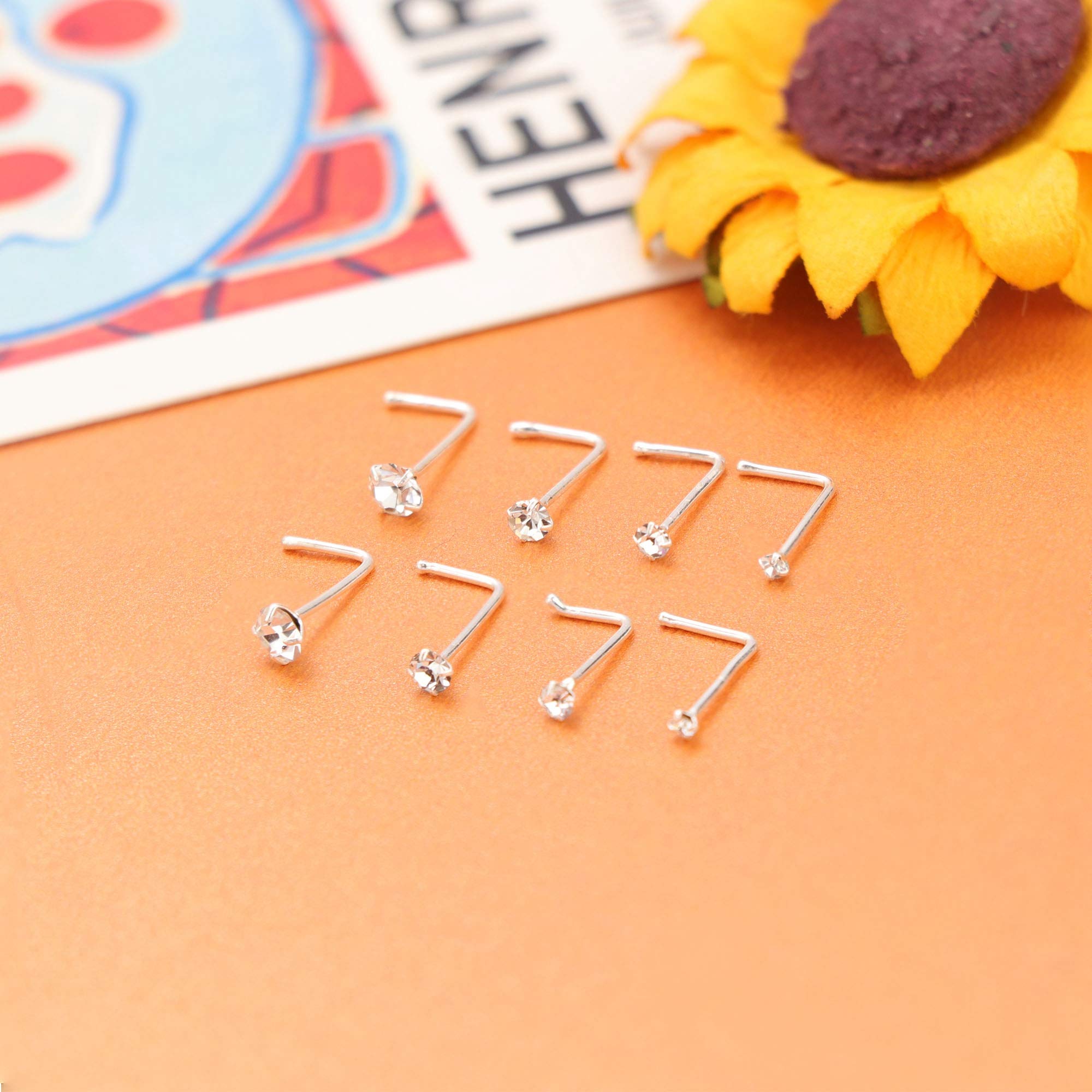 Sllaiss 22G 8Pcs Small L Shape Nose Rings Piercing Pin Studs for Women Men 925 Sterling Silver Nose Studs Rings Body Jewelry 1.5mm 2mm 2.5mm 3mm Hypoallergenic