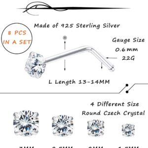 Sllaiss 22G 8Pcs Small L Shape Nose Rings Piercing Pin Studs for Women Men 925 Sterling Silver Nose Studs Rings Body Jewelry 1.5mm 2mm 2.5mm 3mm Hypoallergenic