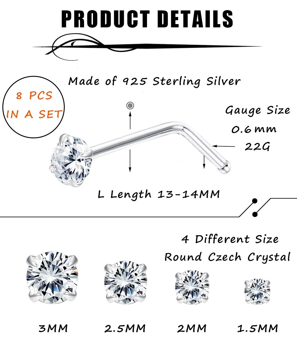 Sllaiss 22G 8Pcs Small L Shape Nose Rings Piercing Pin Studs for Women Men 925 Sterling Silver Nose Studs Rings Body Jewelry 1.5mm 2mm 2.5mm 3mm Hypoallergenic