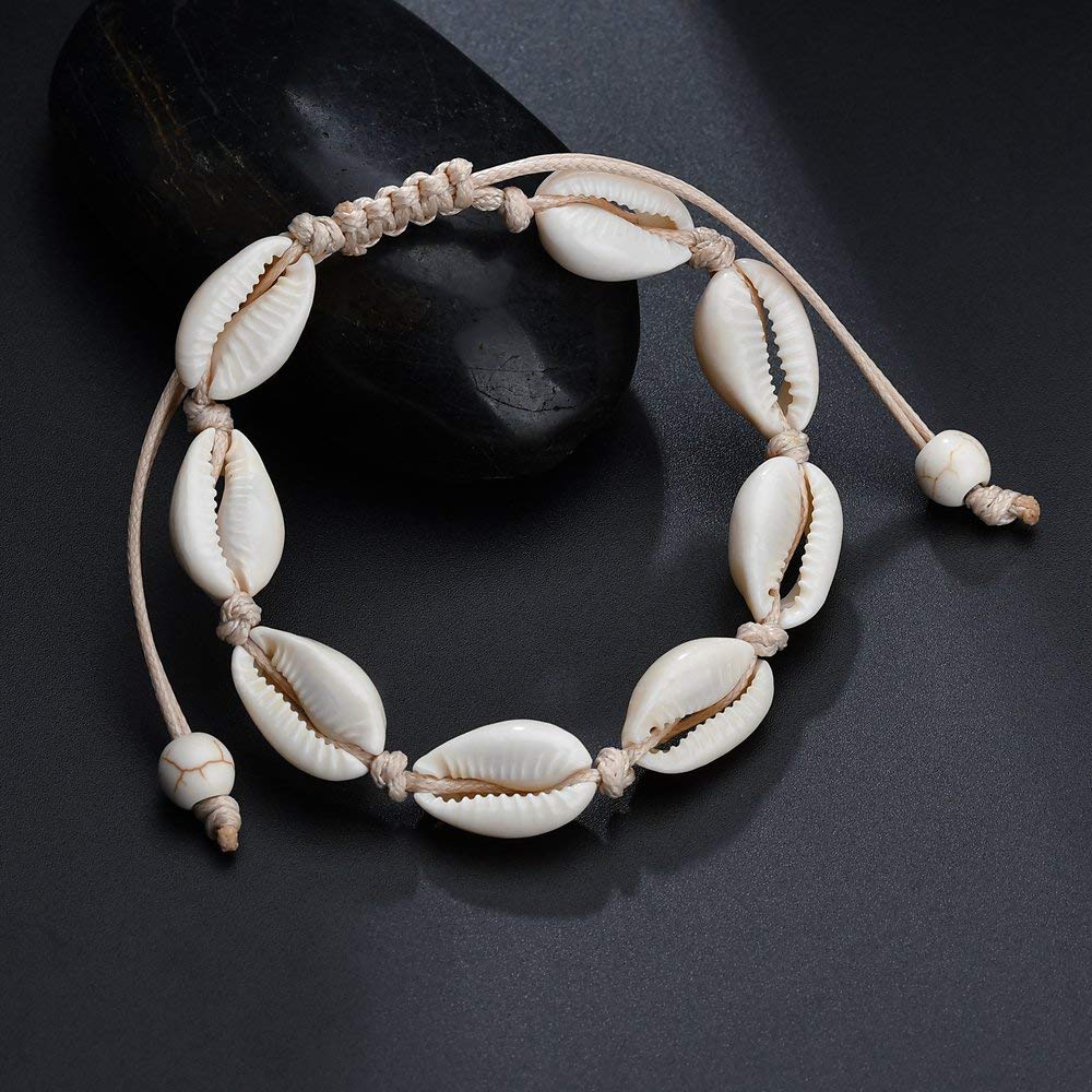 Fesciory Puka Shell Anklet for Women Summer Natural Cowrie Adjustable Ankle Bracelet, Handmade Boho Hawaiian Beach Seashell Jewelry (Shell Anklet Beige Rope)