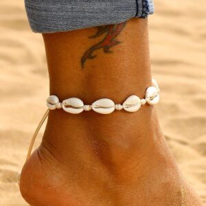 Fesciory Puka Shell Anklet for Women Summer Natural Cowrie Adjustable Ankle Bracelet, Handmade Boho Hawaiian Beach Seashell Jewelry (Shell Anklet Beige Rope)