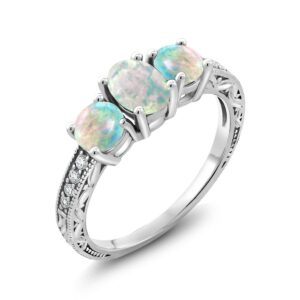 Gem Stone King 10K White Gold White Opal and White Lab Grown Diamond 3 Stone Engagement Ring For Women (2.04 Cttw, Oval Cabochon Gemstone October Birthstone, Available in size 5, 6, 7, 8, 9)