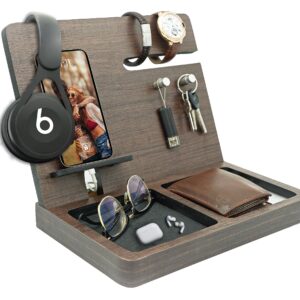 Namore | Gift for Men Husband, Anniversary, Birthday | Wood Phone Docking Station | Ideal as Office and Nightstand Organizer | Organize your Watch, Wallet, Cellphone, Keys, Airpods