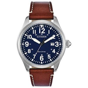 citizen men's eco-drive weekender garrison field watch in stainless steel with brown leather strap, blue dial (model: bm6838-17l)