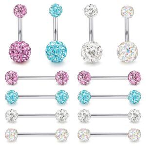 orazio 14g nipplerings nipple tongue belly button rings stainless steel rhinestone crystal disco ball barbell body piercing jewelry