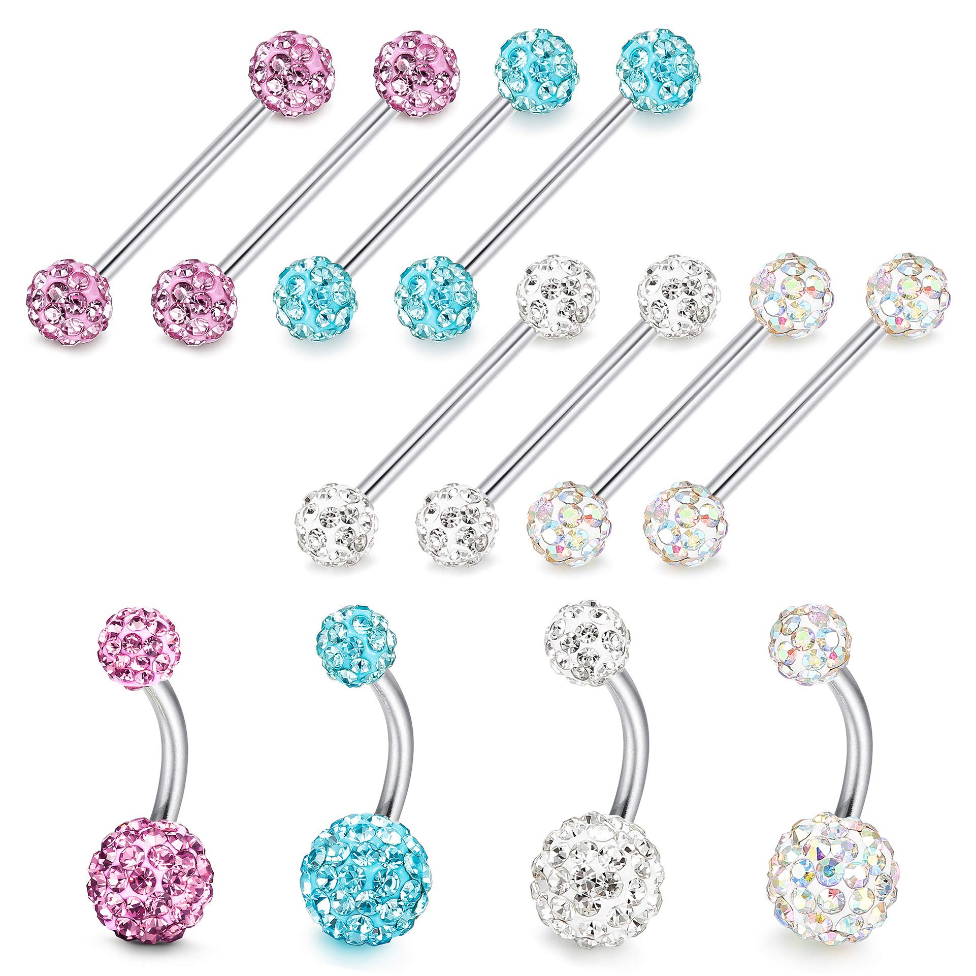 ORAZIO 14G Nipplerings Nipple Tongue Belly Button Rings Stainless Steel Rhinestone Crystal Disco Ball Barbell Body Piercing Jewelry