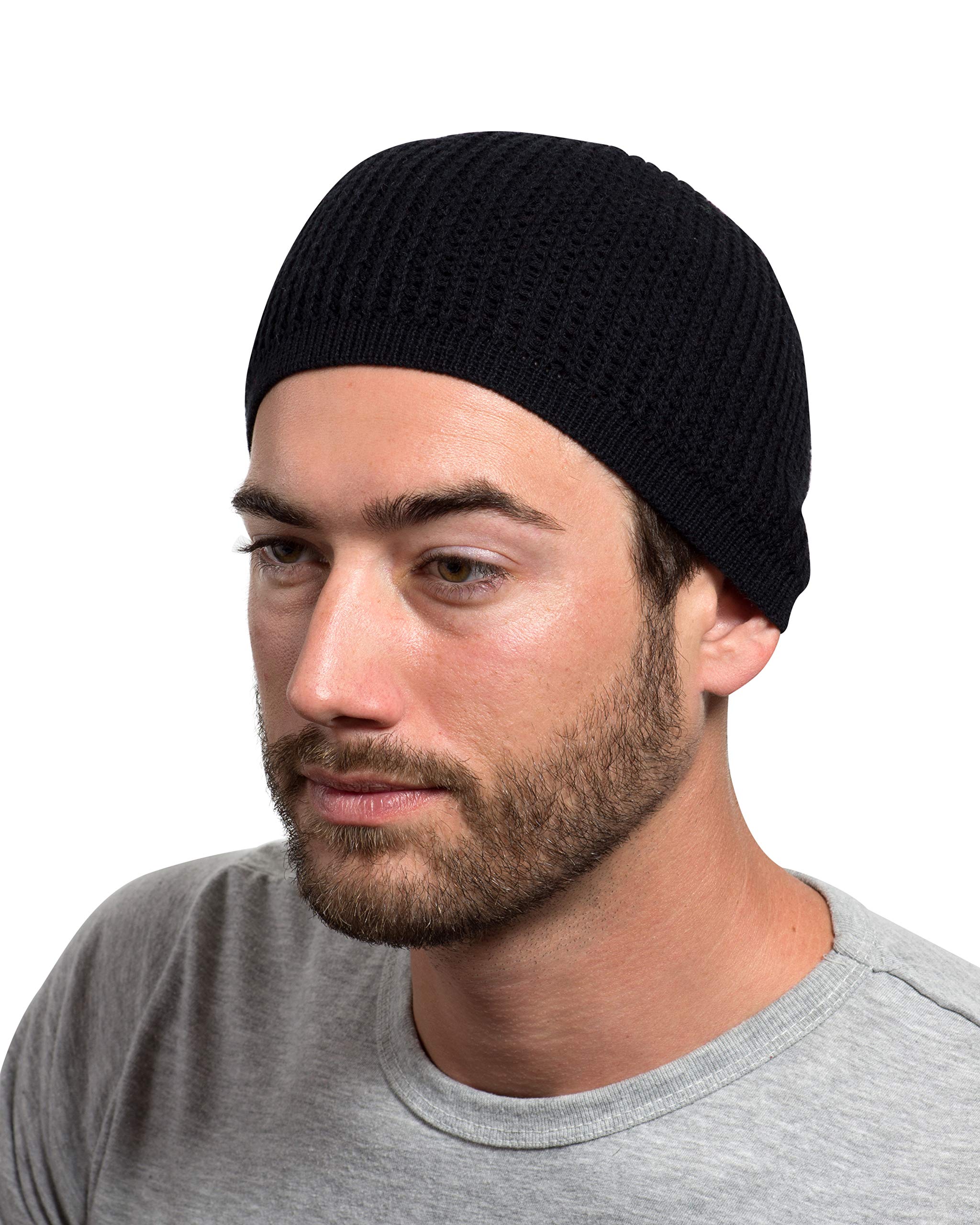 100% Natural Cotton Beanie Skull Cap | Lightweight Single Layer Crochet Cooling Sleep Chemo Caps | Zigzag and Ribbed Patterns (Ribbed - Black)