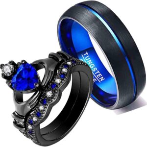 Ringcrown Couple Rings Black Gold Filled Heart Blue Cz Claddagh Ring Womens Wedding Ring Sets Man Tungsten Wedding Band