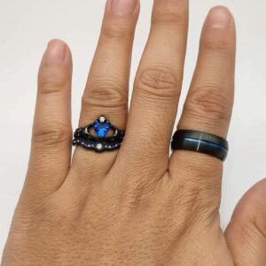 Ringcrown Couple Rings Black Gold Filled Heart Blue Cz Claddagh Ring Womens Wedding Ring Sets Man Tungsten Wedding Band