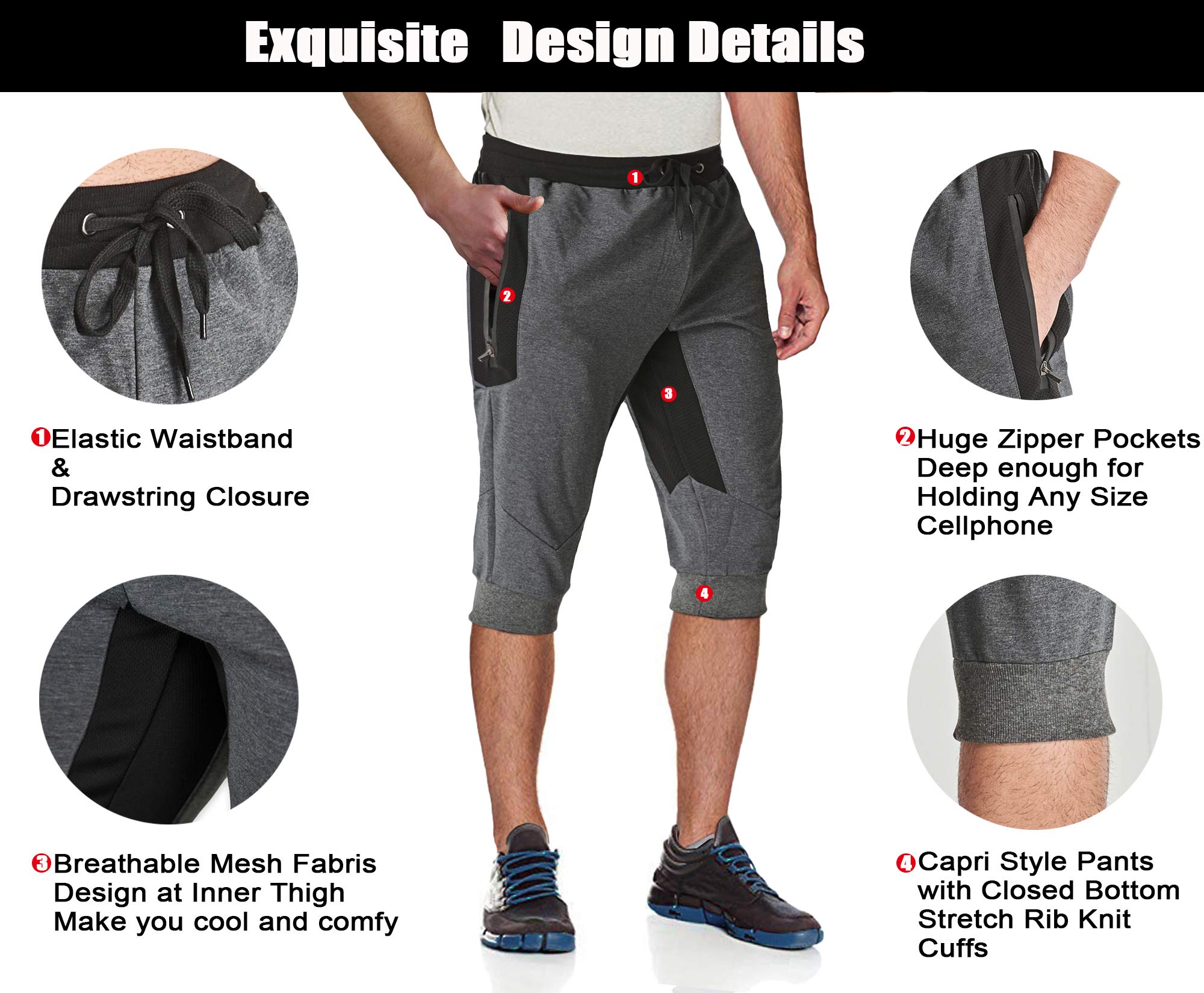 MAGCOMSEN Mens Capri Joggers with Zipper Pockets 3/4 Sweatpants Knee Length Shorts Running Shorts Training Shorts Capri Shorts Workout Pant for Men