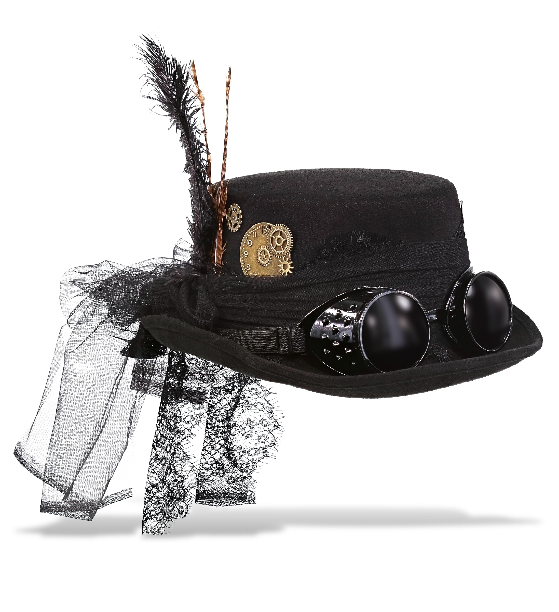 Attitude Studio Fedora Steampunk Hat with Goggles, Feathers, and Gears - Black