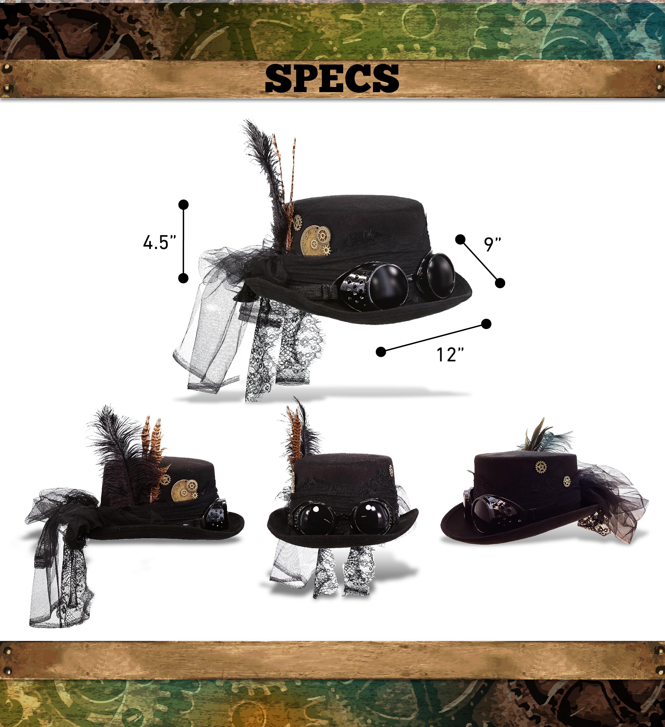 Attitude Studio Fedora Steampunk Hat with Goggles, Feathers, and Gears - Black