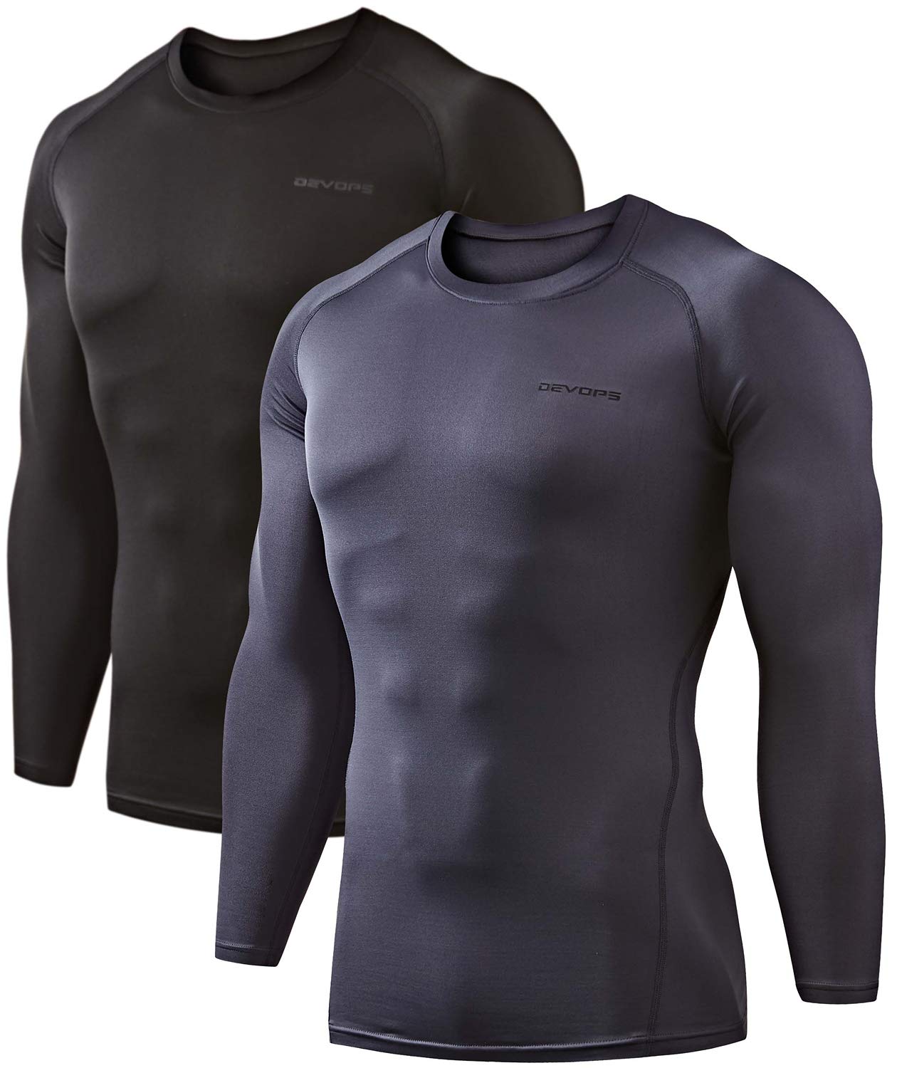 DEVOPS 2 Pack Men's Thermal Long Sleeve Compression Shirts (X-Large, Black/Charcoal)