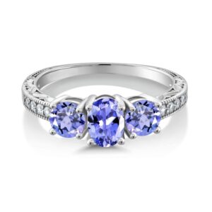 gem stone king 10k white gold blue tanzanite and white lab grown diamond 3 stone engagement ring for women (1.71 cttw, oval gemstone december birthstone, available in size 5, 6, 7, 8, 9)