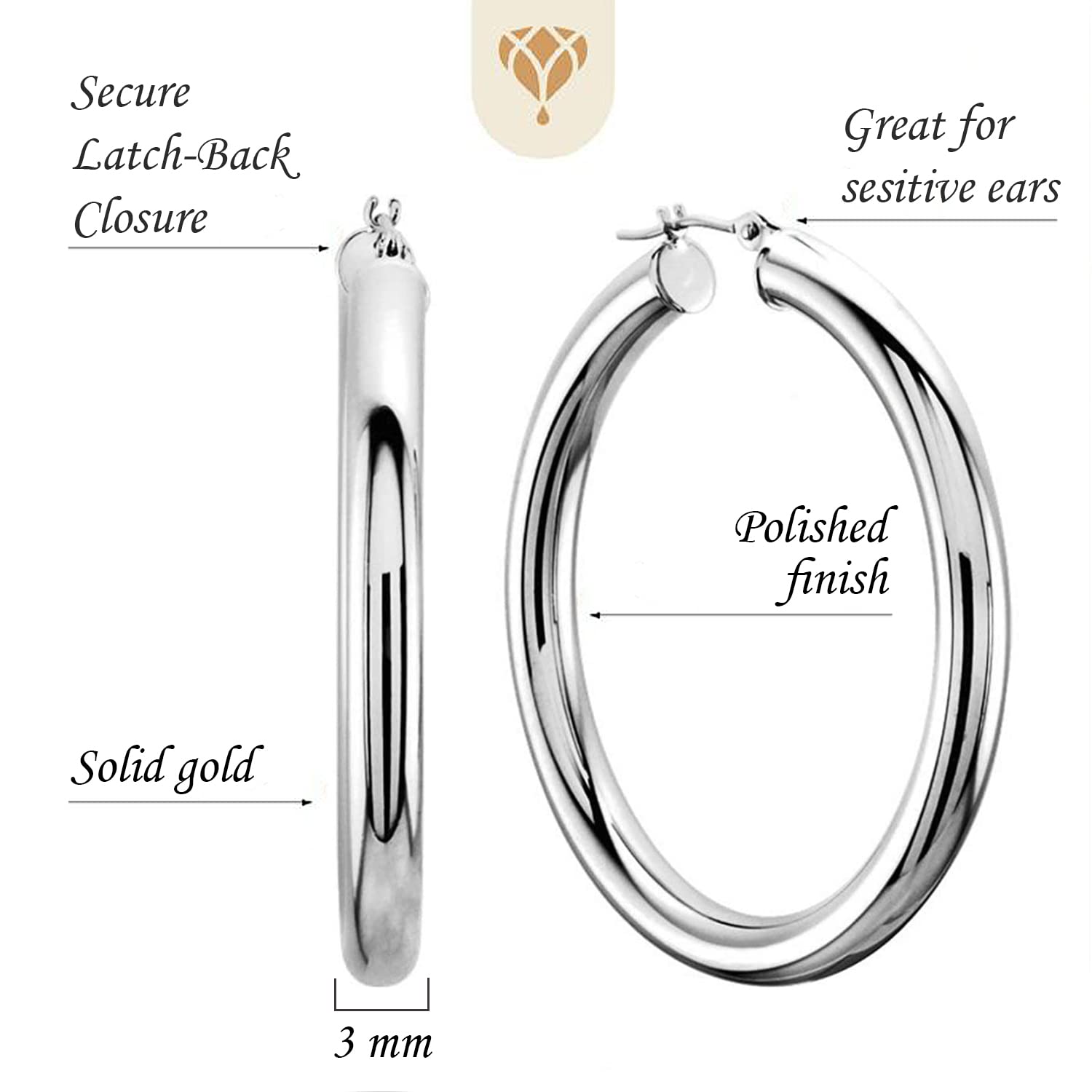 14k REAL Yellow Gold 50MMx3.00MM Thickness Classic Polished Round Tube Hoop Earrings with Snap Post Closure For Women