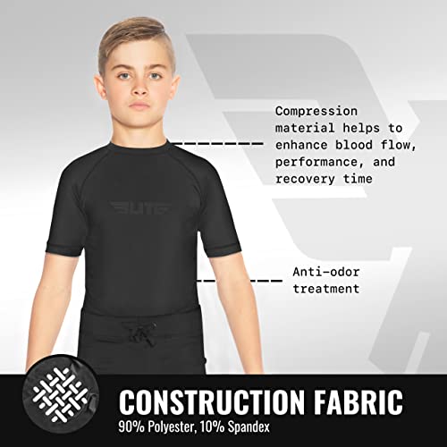 Elite Sports Kids' Jiu Jitsu BJJ Rash Guard, Short Half Sleeve Compression Shirt for Youth Boys Girls Sports Nogi Training (Black, Medium)