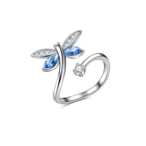 AOBOCO Blue Dragonfly 925 Sterling Silver Rings for Women Austrian Element Adjustable Open Wrap Rings Light Sapphire Jewelry Gift for Mom Grandma