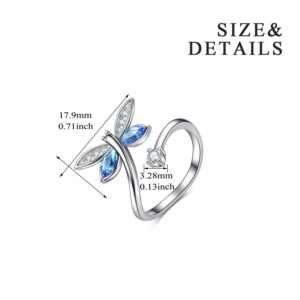 AOBOCO Blue Dragonfly 925 Sterling Silver Rings for Women Austrian Element Adjustable Open Wrap Rings Light Sapphire Jewelry Gift for Mom Grandma