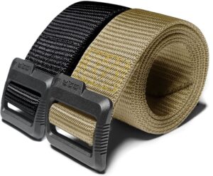 cqr tactical belt, military style heavy duty belt, webbing edc quick-release buckle, 2pack plastic flip tab black/khaki, large